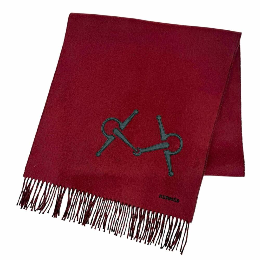 HERMES 100% Cashmere Stole/Scarf with Logo Embroidery, Horsebit Motif Leather...